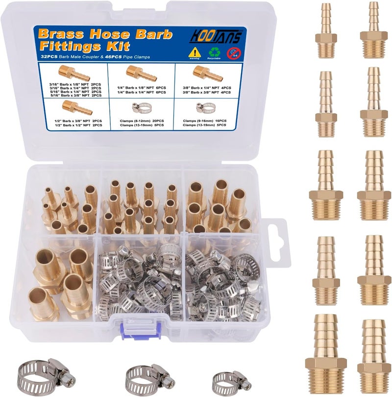 KOOTANS 32PCS Brass Hose Barb Fittings Barb to NPT Male Thread Adapter Kit 3/16" 1/4" 5/16" 3/8" 1/2" Barbed Air Hose Fittings with 46pcs Pipe Clamps for Water Fuel Air Line Connector Fitting - Image 1
